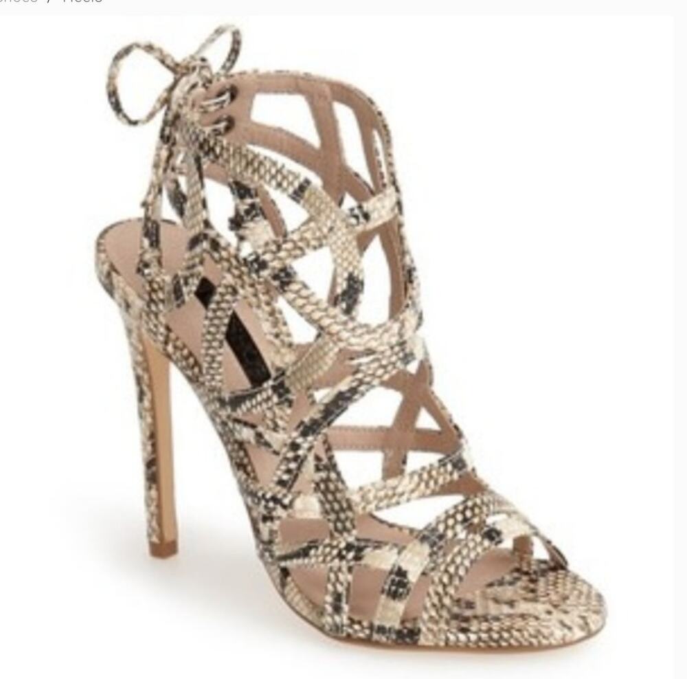 Top Shop Cage Heels 7 37 Snake Vegan Leather Tan Beige Gray Sandals Topshop